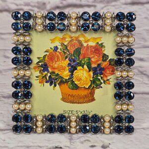 Vintage Jeweled Photo Frame Blue Gemstones & Pearl 3.5"x3.5" Photo Floral Design